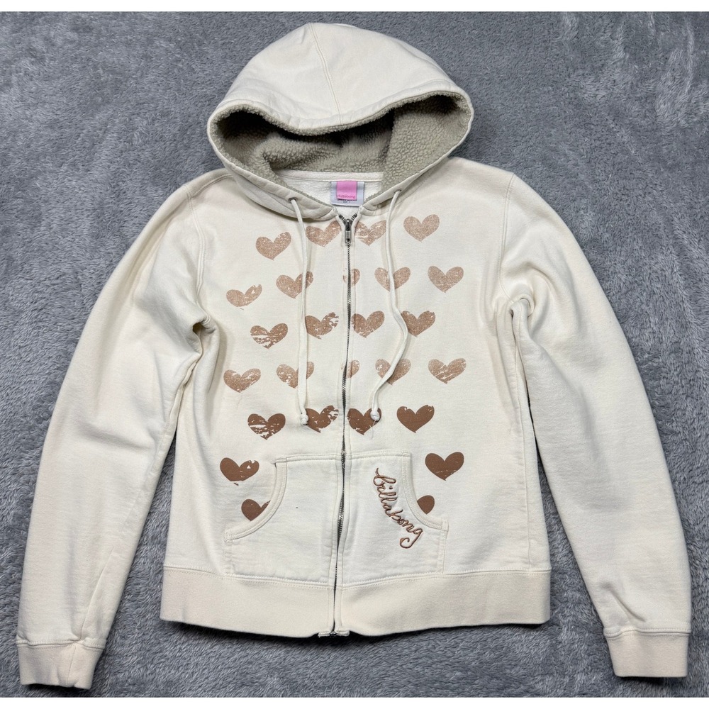 Vintage Y2K Billabong Hoodie Women Large Cream Heart Print Full Zip Sherpa Lined